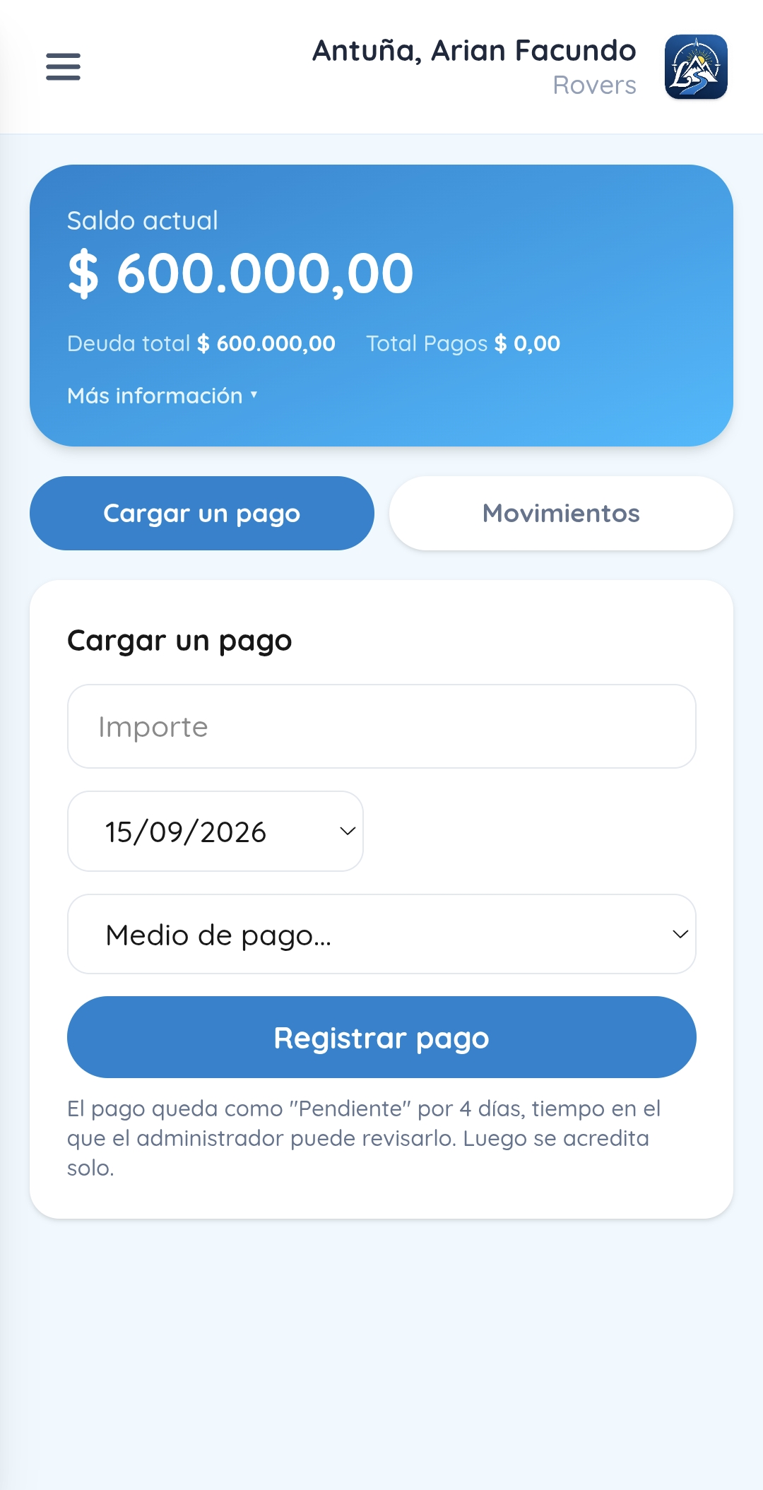 Pantalla principal de Azimut con saldo, pagos y movimientos